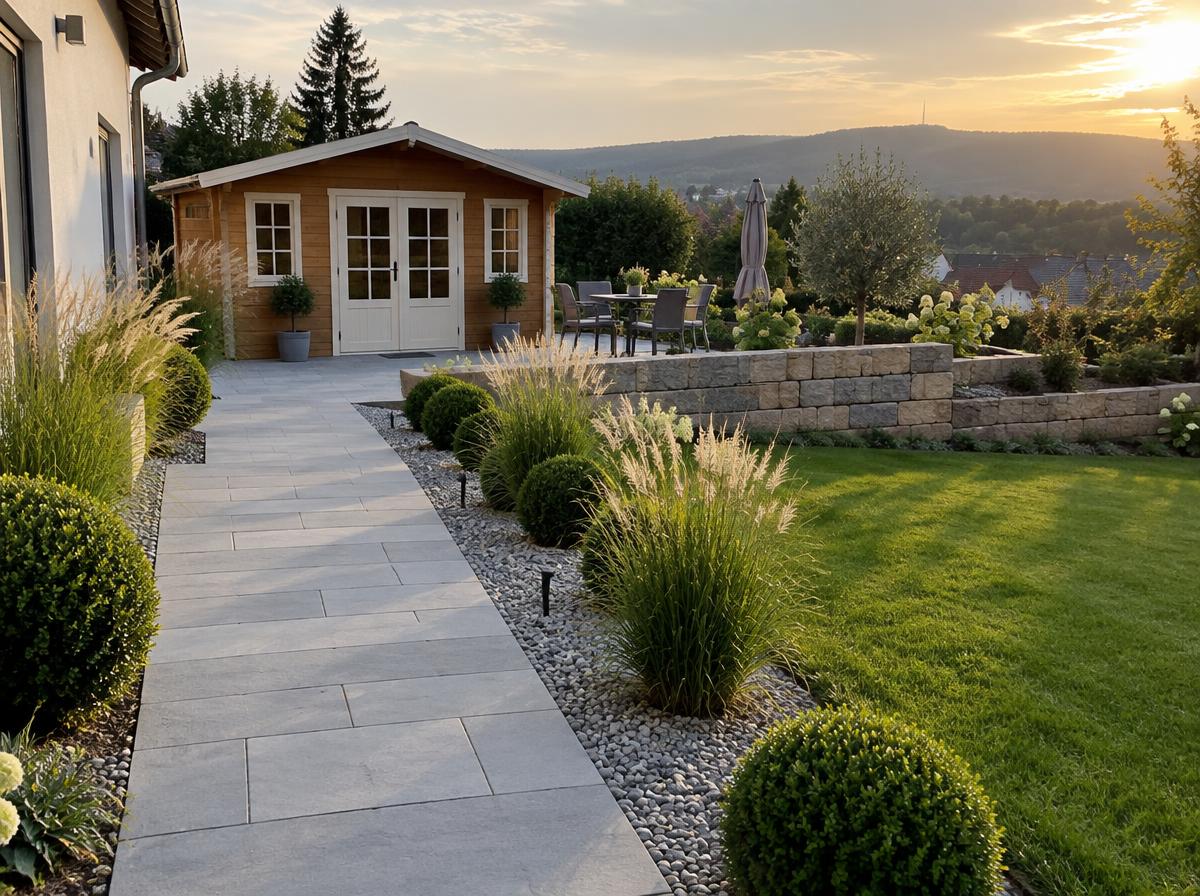 Neu gestalteter Außenbereich mit Natursteinplatten, Kiesbeeten, Bepflanzung und Gartenhaus