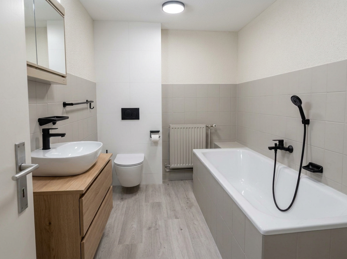 Frisch renoviertes Bad mit moderner Badewanne, neuem Waschtisch, hängendem WC mit unter Putz gelegtem Spülkasten, überarbeiteten Fliesen, Strukturputz und hellem Bodenbelag