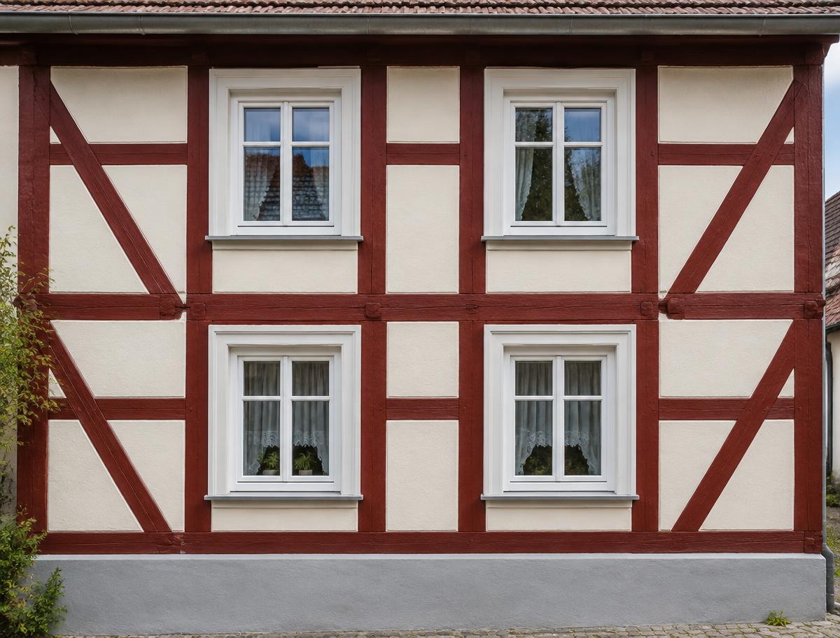 Farblich abgestimmte Fachwerkfassade mit dunkelroten Balken, hellen Gefachen und grauem Sockel
