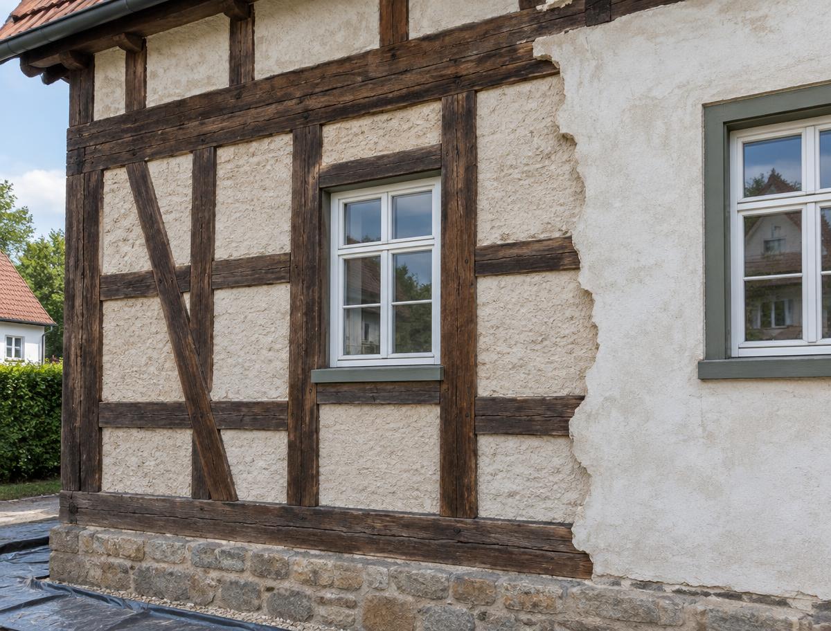Teilweise freigelegte Fachwerkfassade mit sichtbaren Holzbalken neben altem Außenputz
