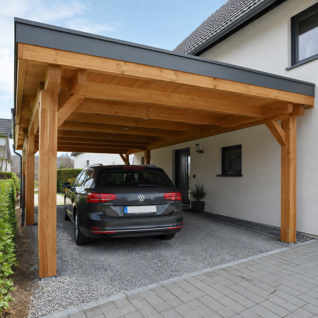 Holzcarport mit frisch geschützten Balken und Holzuntersicht