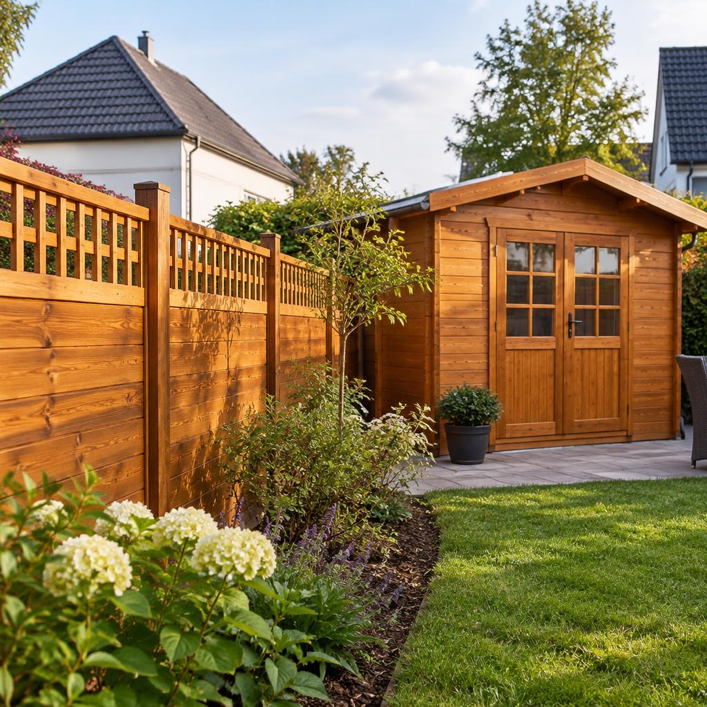 Neu lasierter Gartenzaun und Gartenhütte