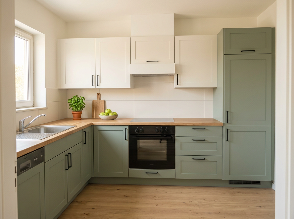 Renovierte Küche mit salbeigrünen Fronten, heller Rückwand und Holz-Arbeitsplatte