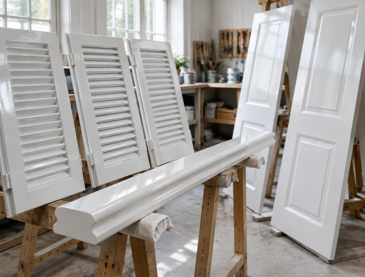 Frisch lackierte Fensterläden, Handlauf und Türblätter