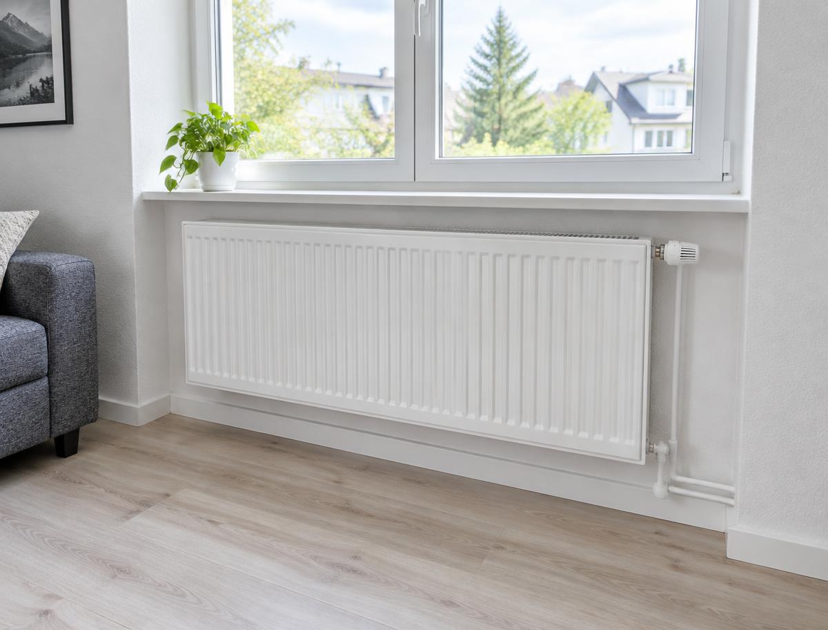 Frisch lackierter weißer Heizkörper unter dem Fenster