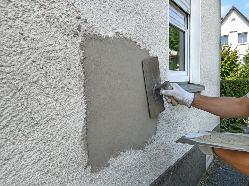 Ausbesserung einer abgeplatzten Putzstelle an einer Hauswand