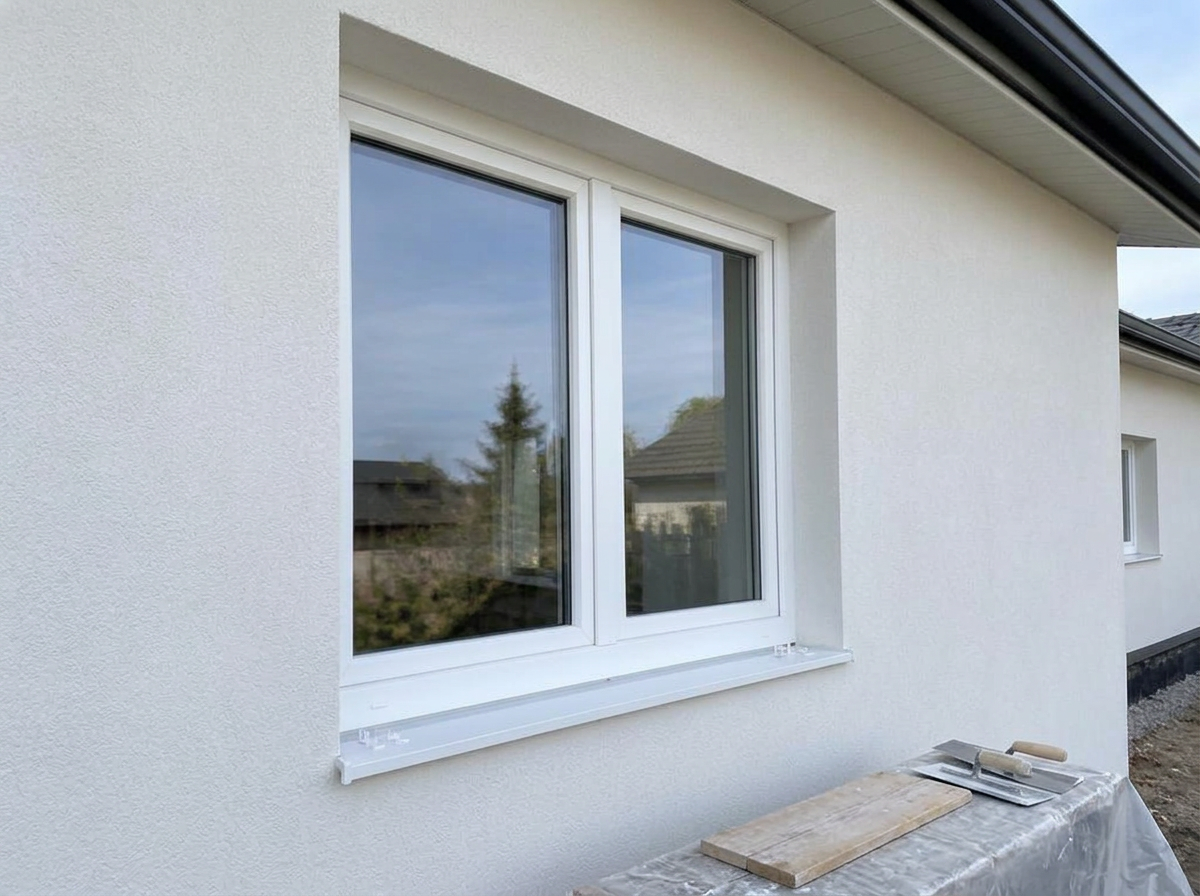 Frisch beigeputzte Fensterlaibung nach dem Einbau eines neuen Fensters