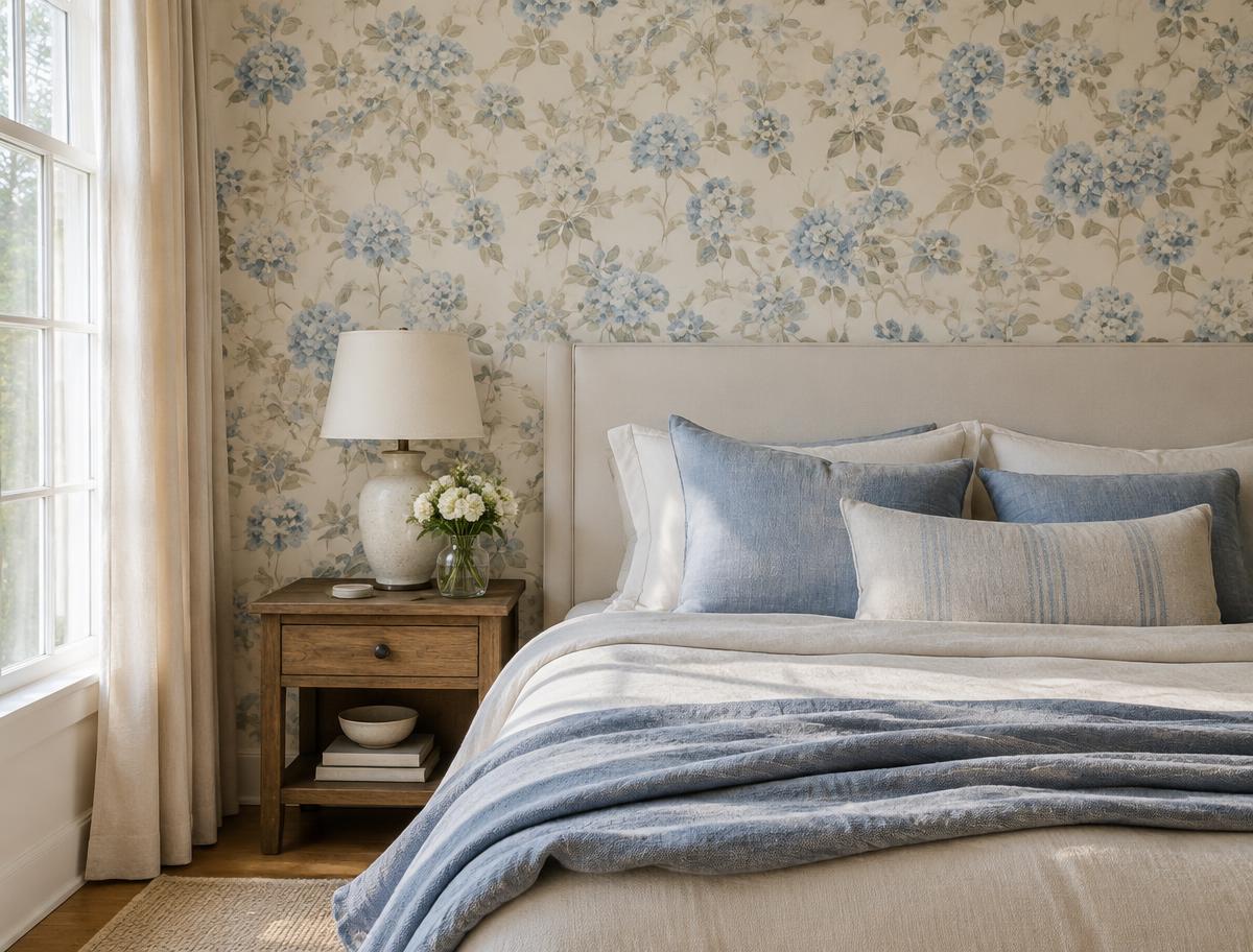 Schlafzimmer mit floraler Tapete hinter dem Bett