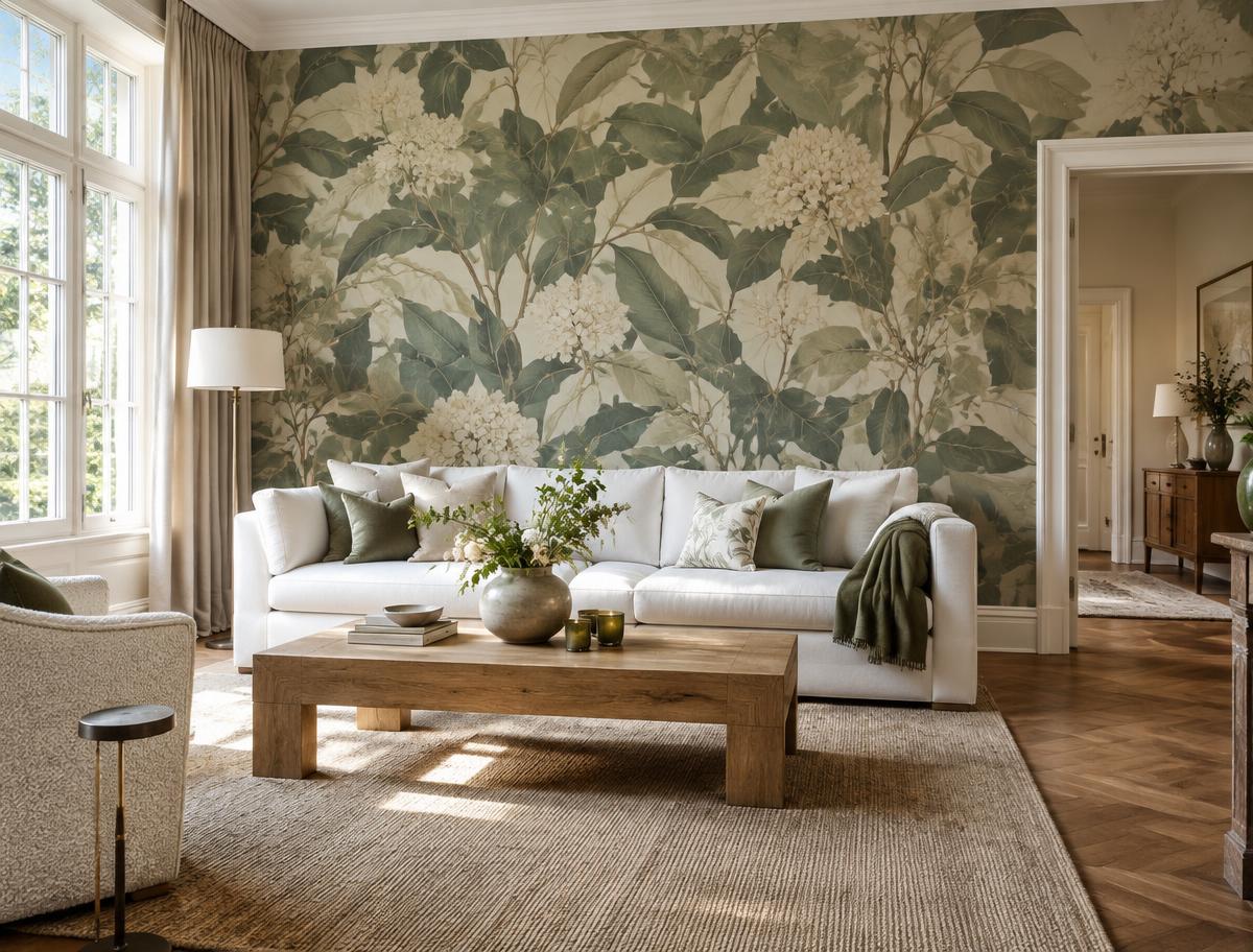 Wohnzimmer mit großer botanischer Tapete