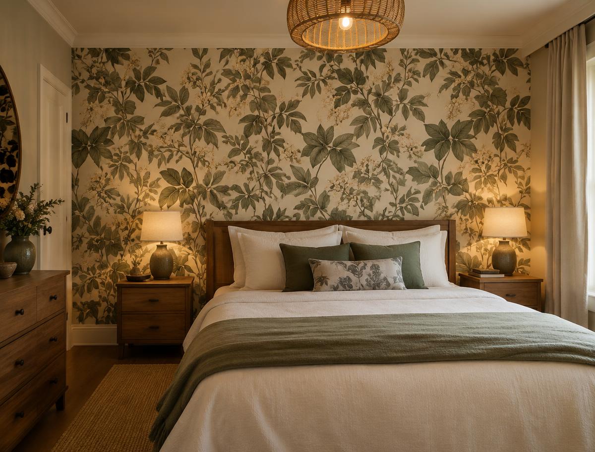 Schlafzimmer mit hochwertiger floraler Tapete
