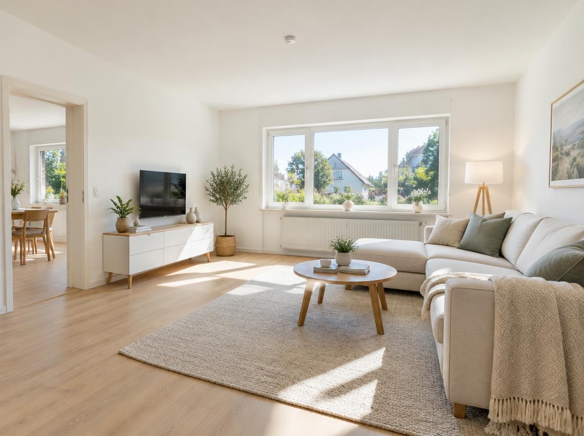 Heller, frisch gestrichener und aufgeräumter Wohnraum in einer für den Verkauf vorbereiteten Immobilie